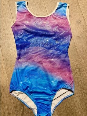 Galaxy Print Shiny One-Piece Leotard - Blue & Purple